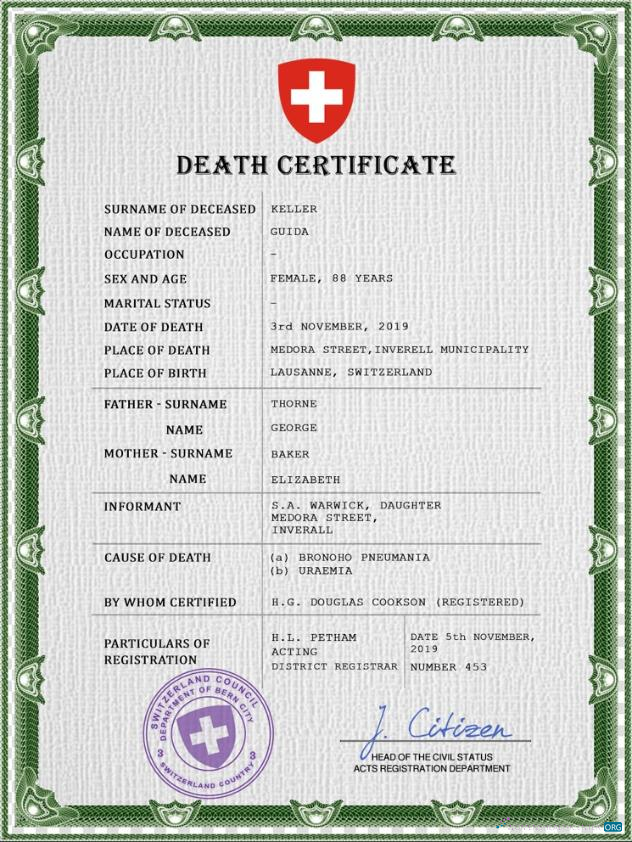 Download Switzerland death certificate PSD template Photoshop template